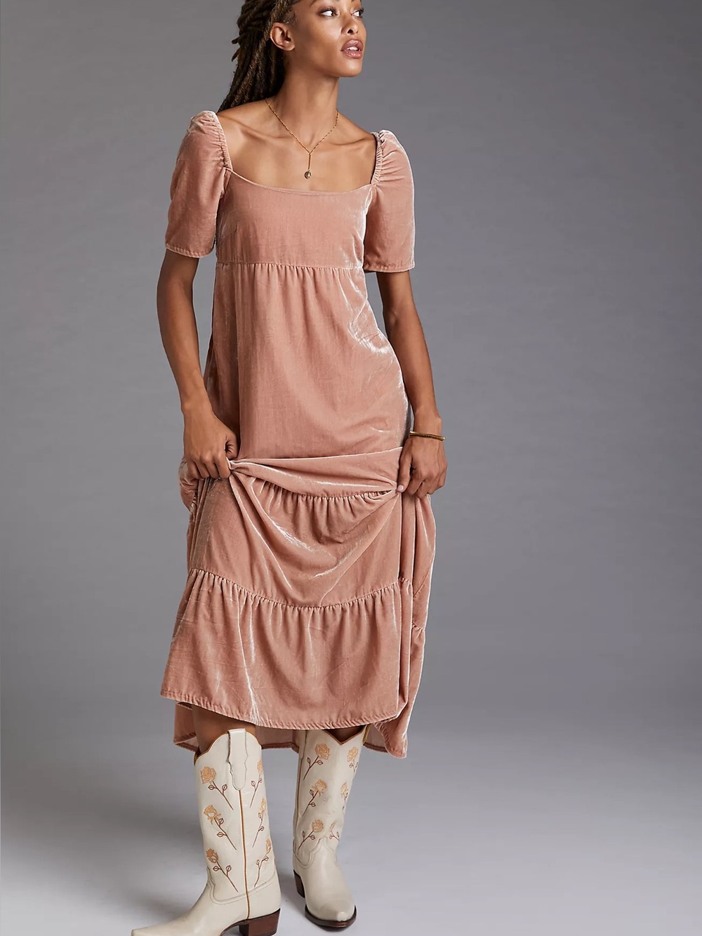 Anthropologie Velvet Empire Waist Tiered Midi Dress Dusty Rose Size 4P - Picture 10 of 16